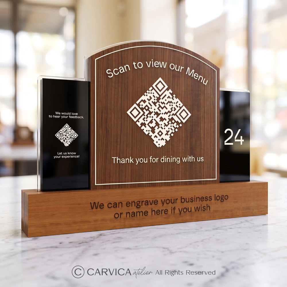Engraved Wood QR Menu Stand with Table Number