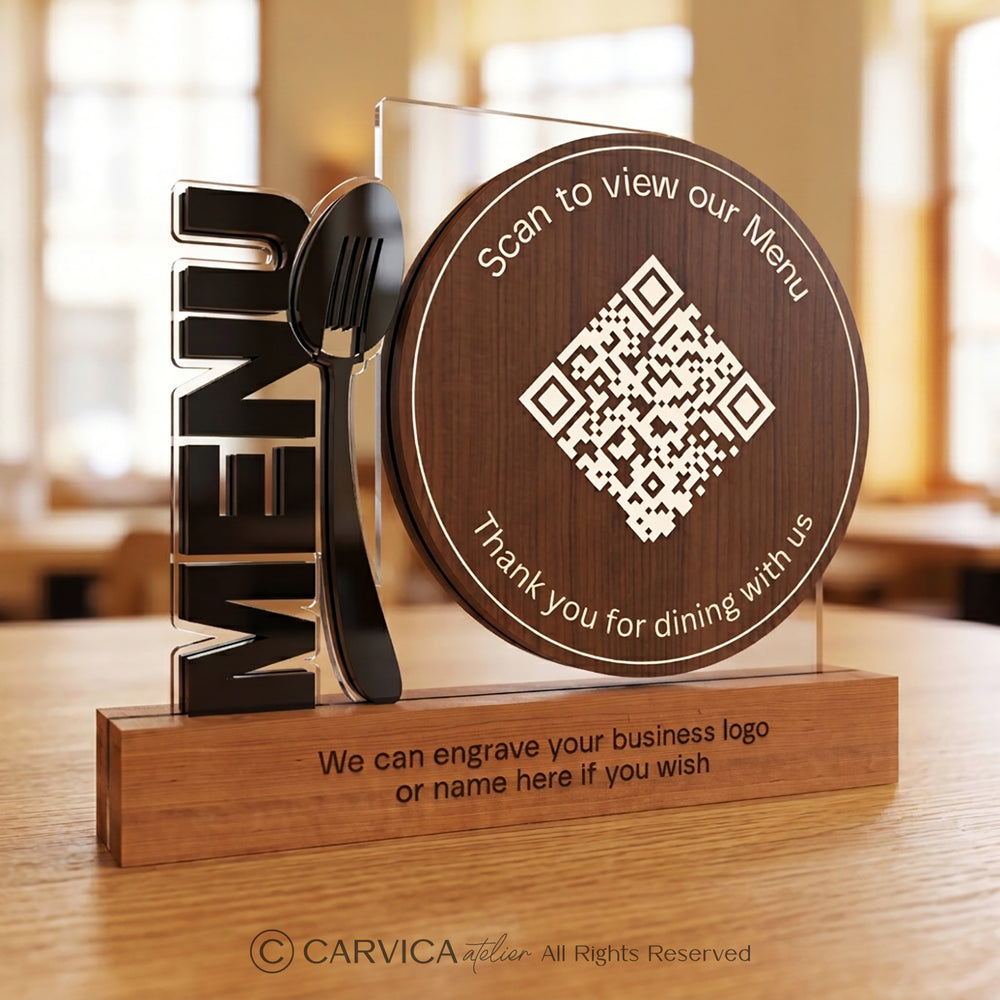 Round Wood QR Menu Stand with Cutlery Motif