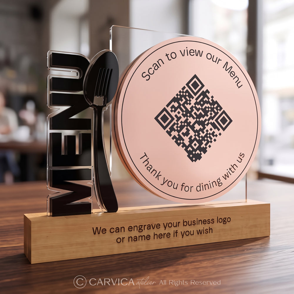 Round Rose Acrylic QR Menu Stand with Cutlery Motif