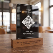 Black Acrylic QR Menu Stand with Engraved Wood Base