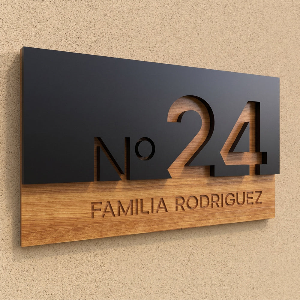 Iroko Wood & Black Acrylic House Sign with Family Name