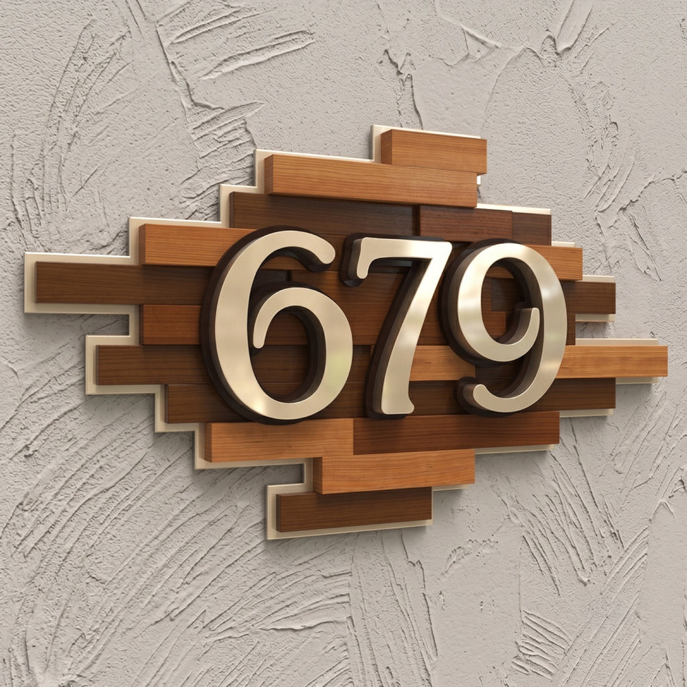Layered Iroko Wood & Champagne Acrylic House Number Sign