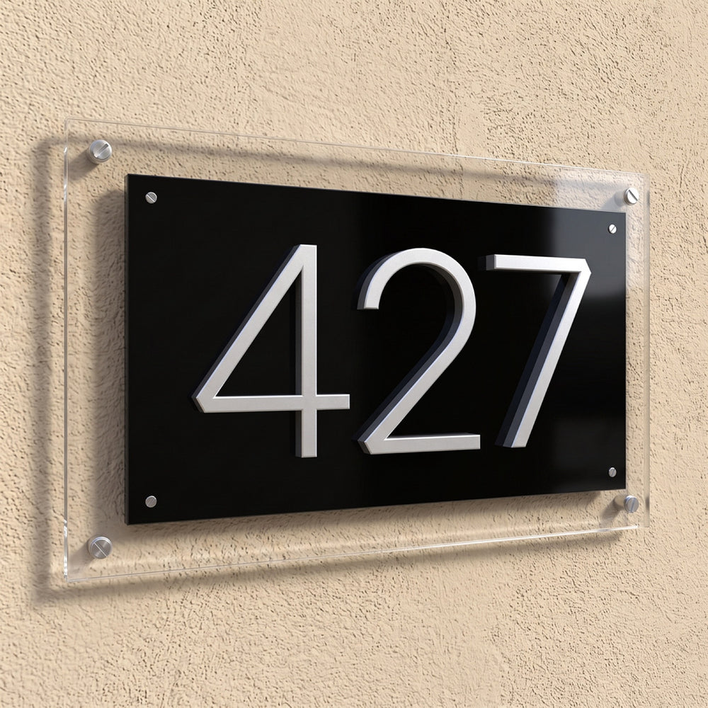 Clear, Black & Silver Acrylic House Number Sign