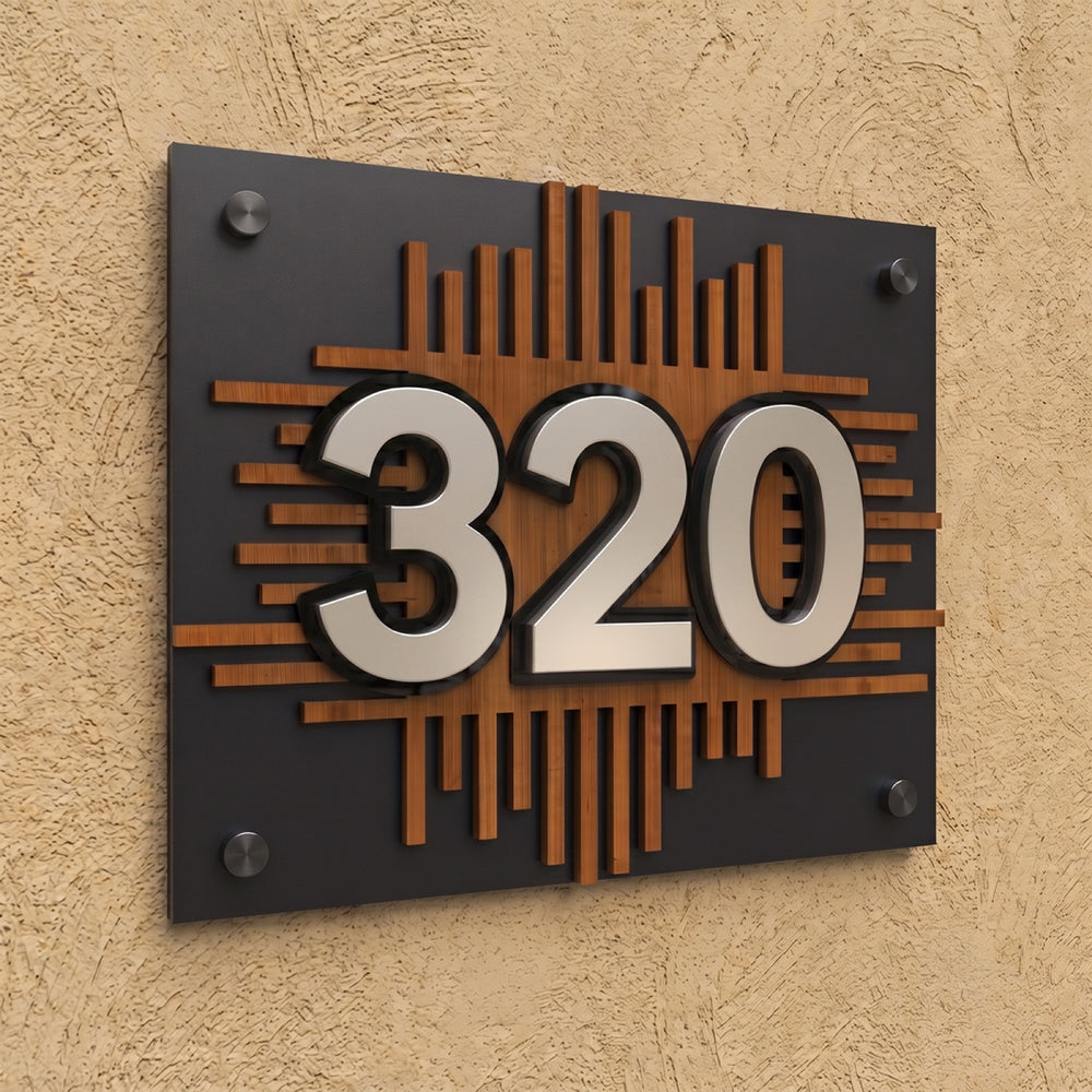 Iroko Wood & Matte Black Acrylic House Number Sign