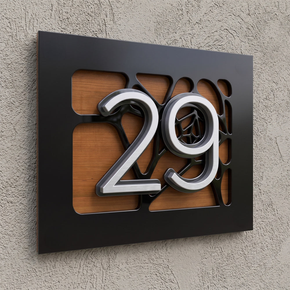 Black & Silver Acrylic Address Plaque on Iroko Wood