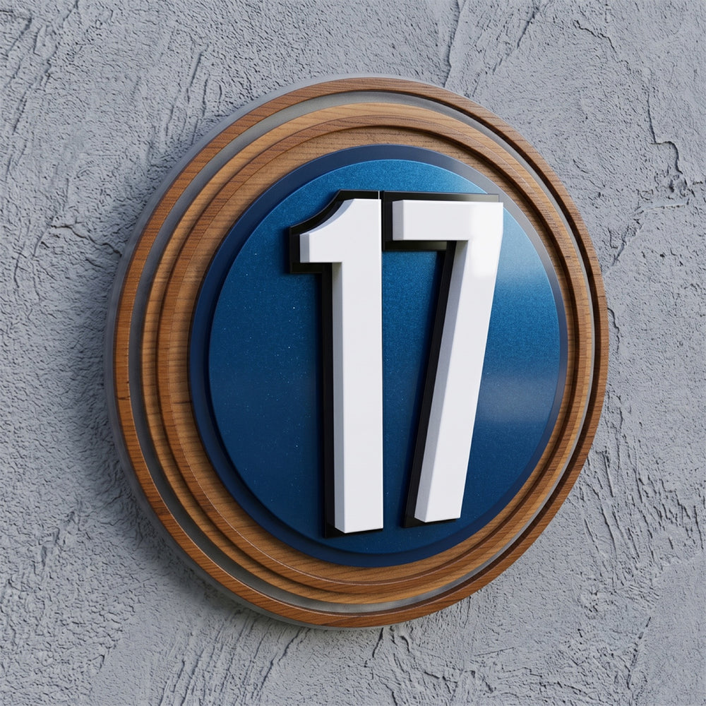Circular Iroko Wood & Blue Acrylic House Number Sign