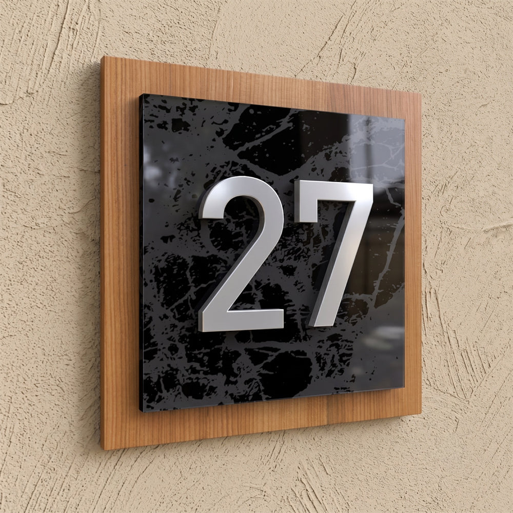 Iroko Wood & Black Marble Acrylic Address Plaque