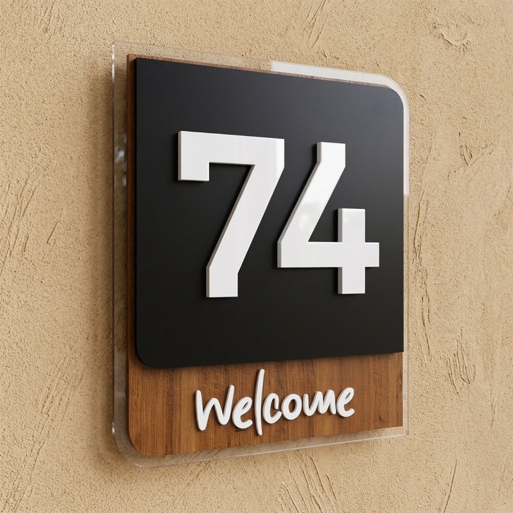 Iroko Wood & Black Acrylic House Sign with Welcome