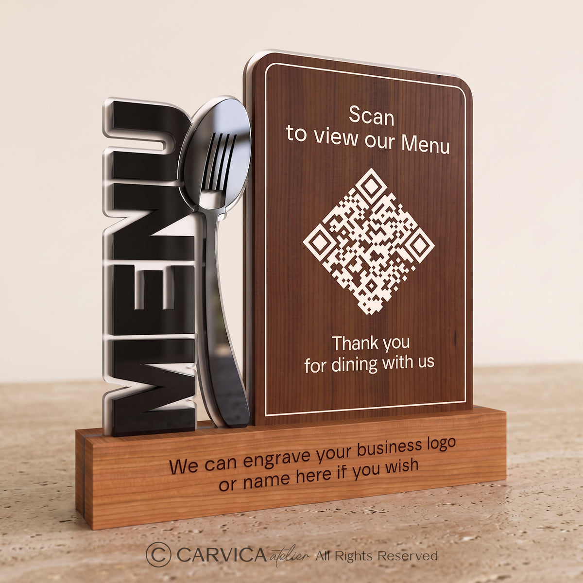 Iroko Wood & Acrylic QR Menu Stand, Double-Sided