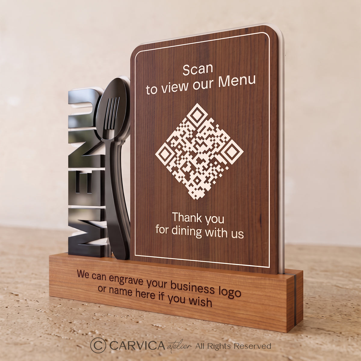 Iroko Wood & Acrylic QR Menu Stand, Double-Sided