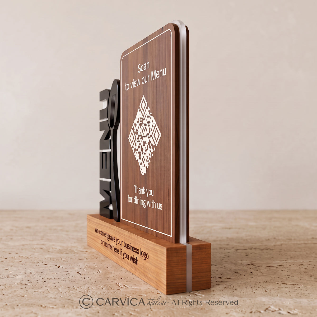Iroko Wood & Acrylic QR Menu Stand, Double-Sided