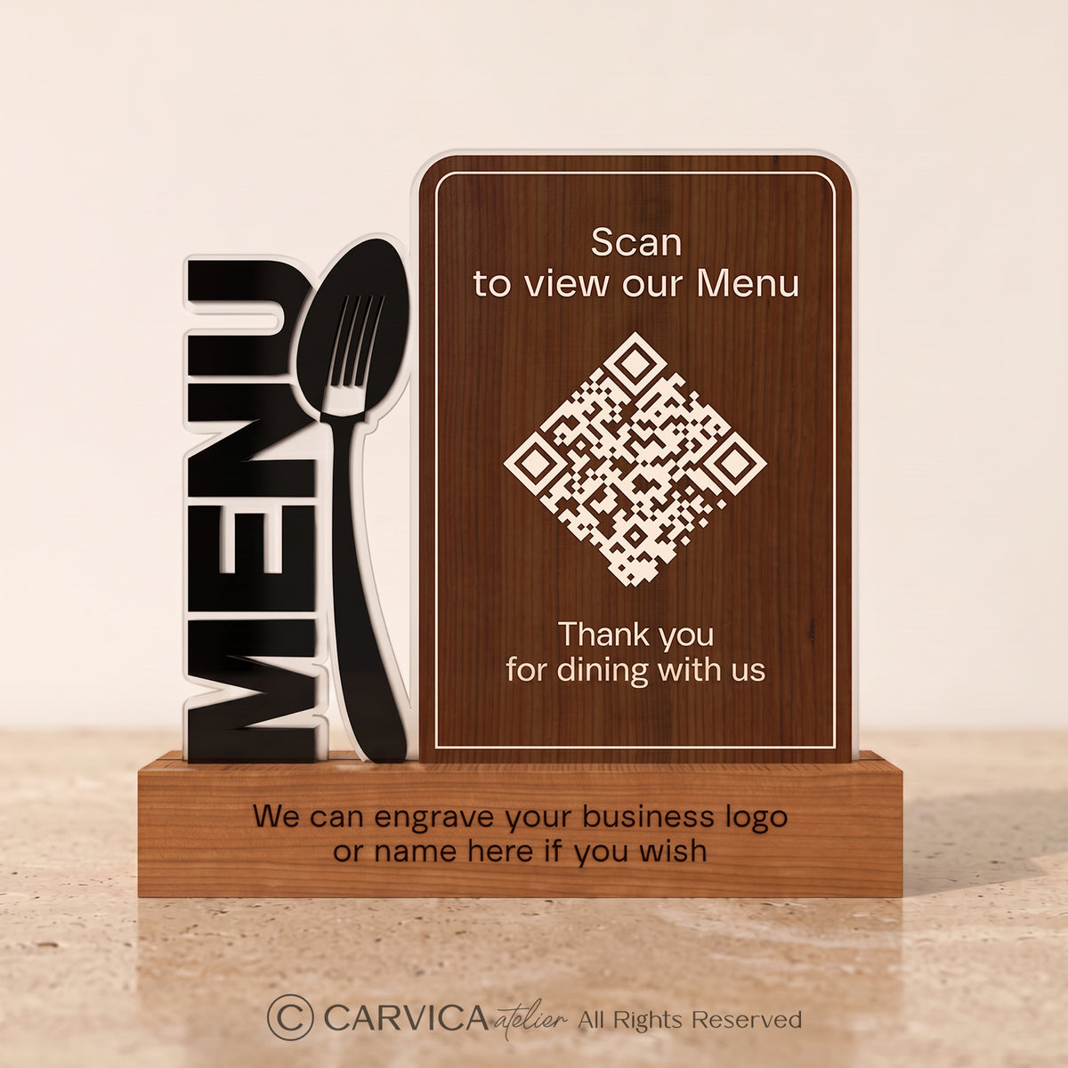 Iroko Wood & Acrylic QR Menu Stand, Double-Sided