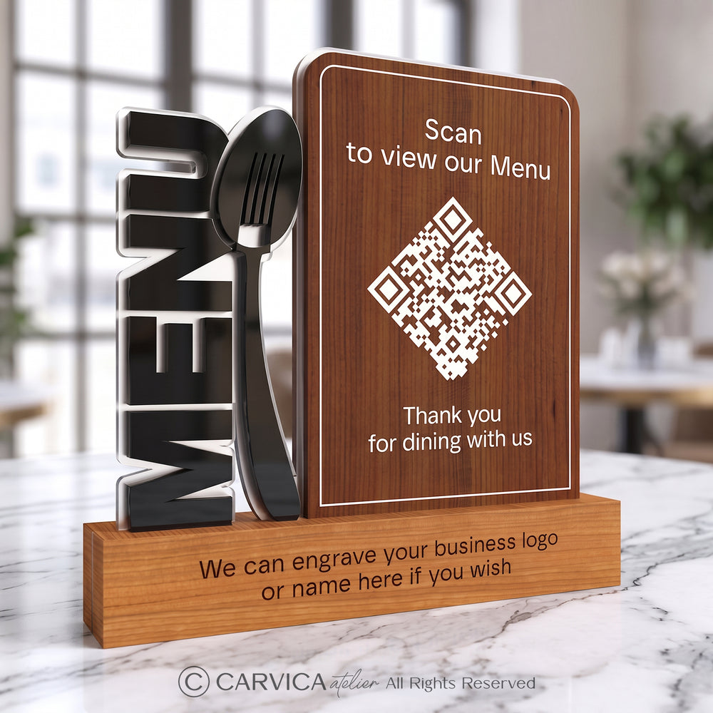 Iroko Wood & Acrylic QR Menu Stand, Double-Sided