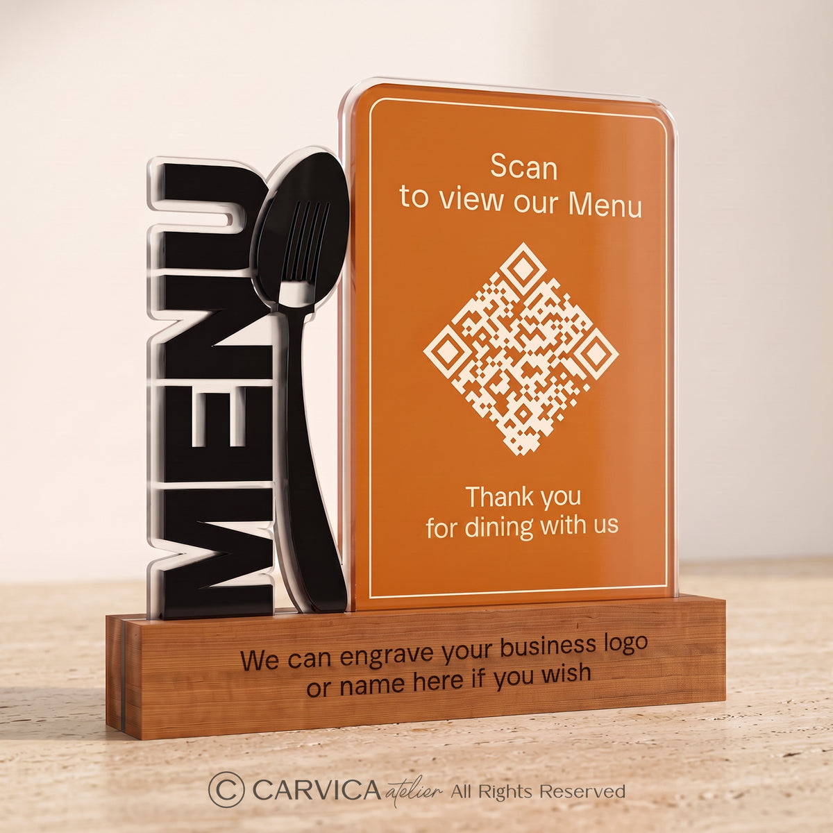 Amber Acrylic QR Menu Stand with Engraved Wood Base