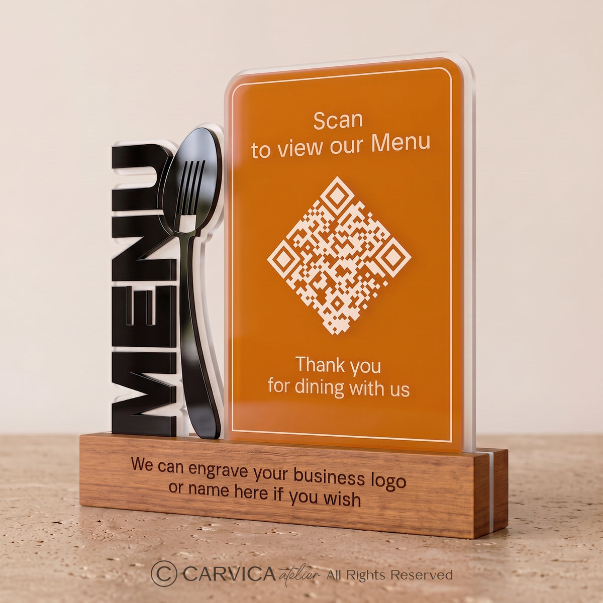 Amber Acrylic QR Menu Stand with Engraved Wood Base