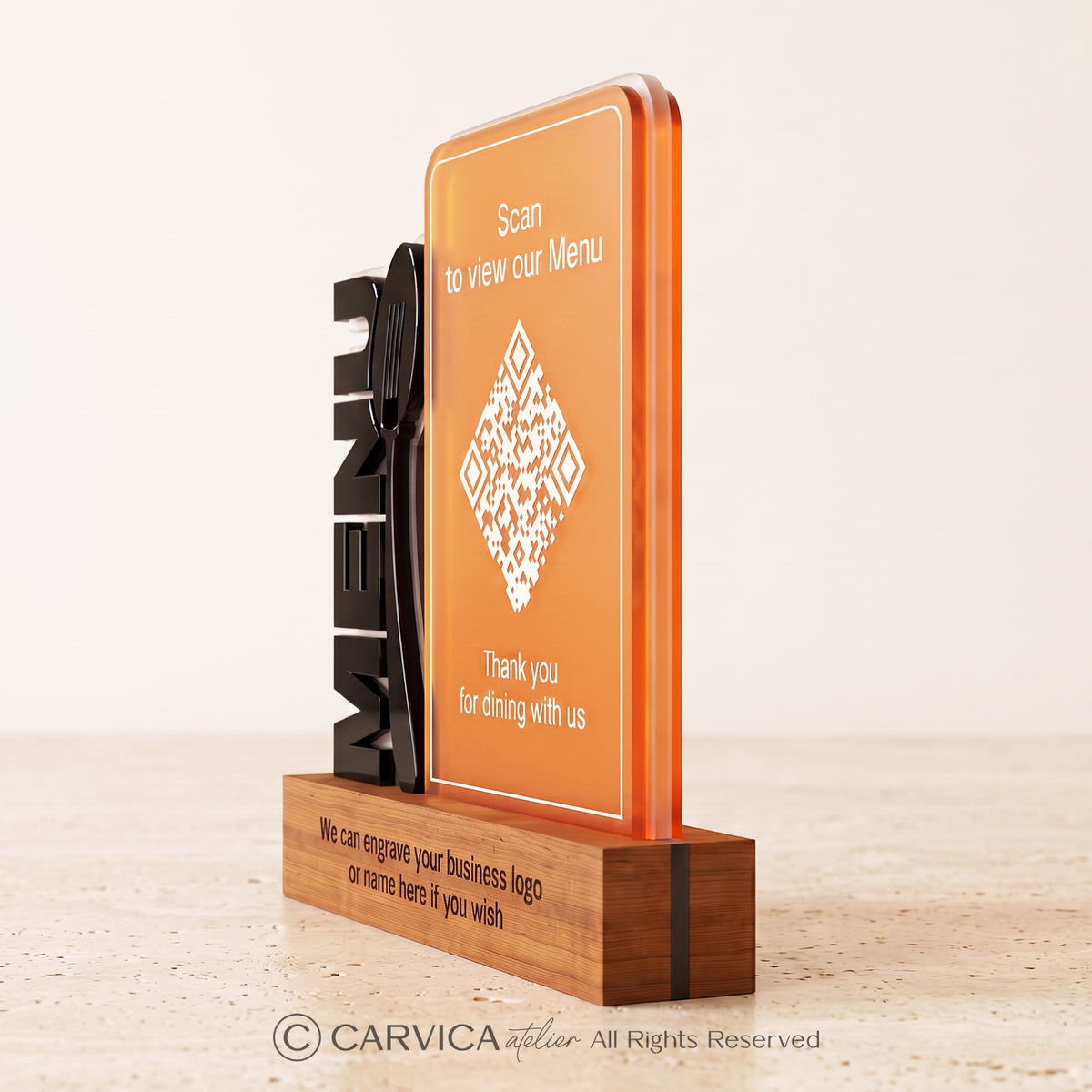 Amber Acrylic QR Menu Stand with Engraved Wood Base