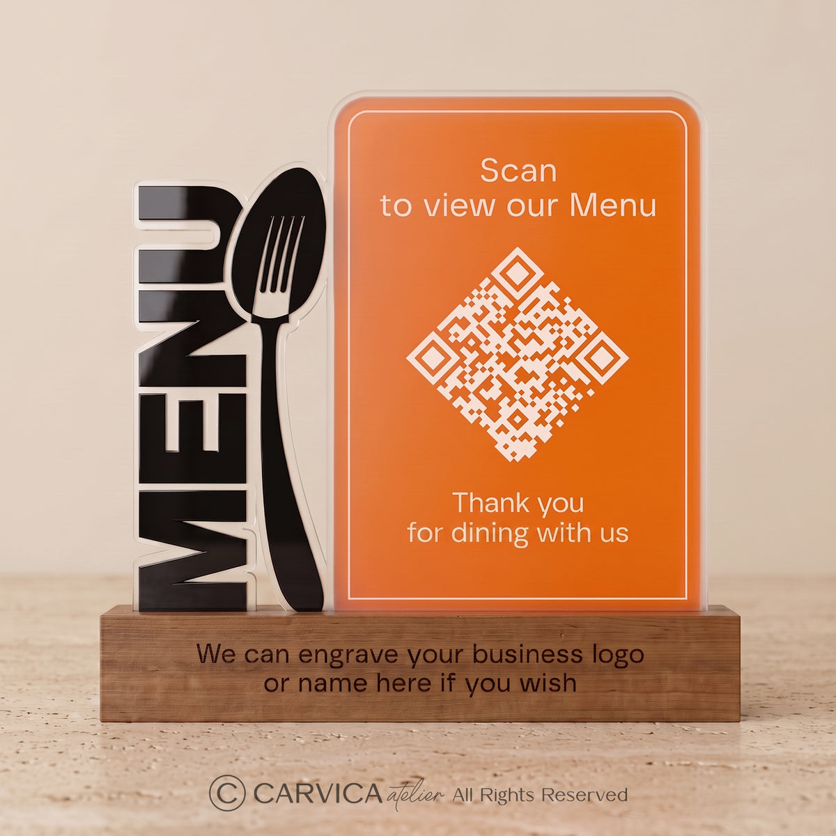 Amber Acrylic QR Menu Stand with Engraved Wood Base