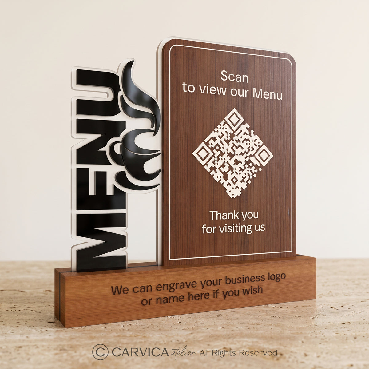 3D Wood & Acrylic QR Menu Stand with Cutlery Motif