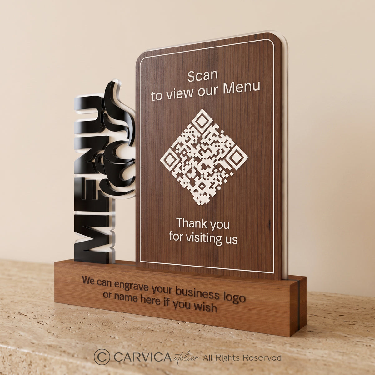 3D Wood & Acrylic QR Menu Stand with Cutlery Motif