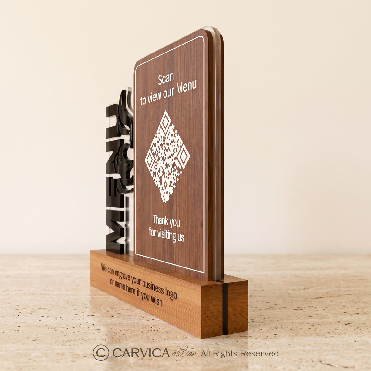 3D Wood & Acrylic QR Menu Stand with Cutlery Motif