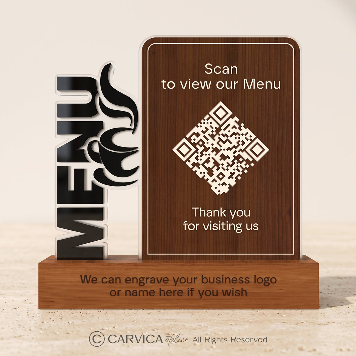 3D Wood & Acrylic QR Menu Stand with Cutlery Motif