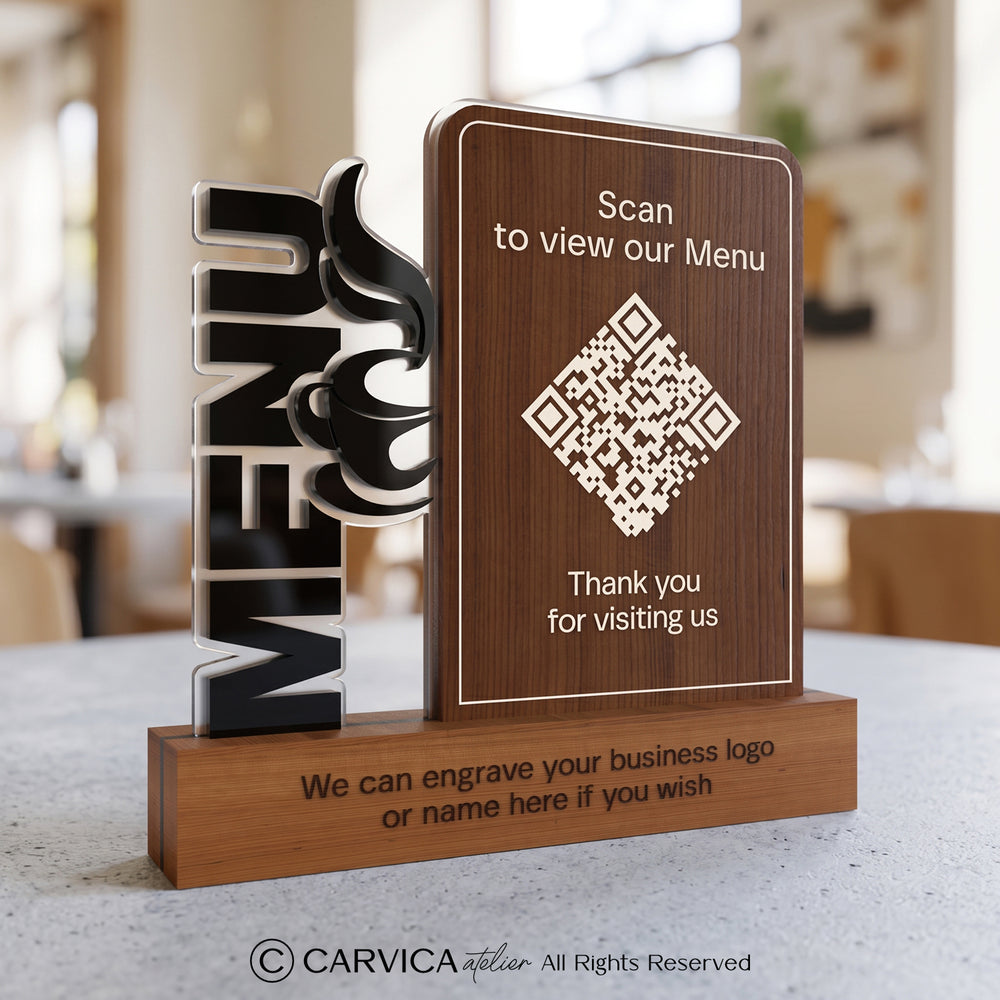 3D Wood & Acrylic QR Menu Stand with Cutlery Motif