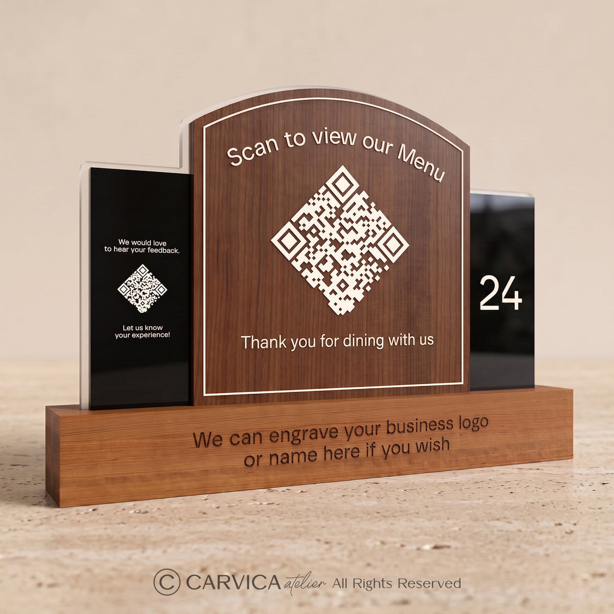 Engraved Wood QR Menu Stand with Table Number