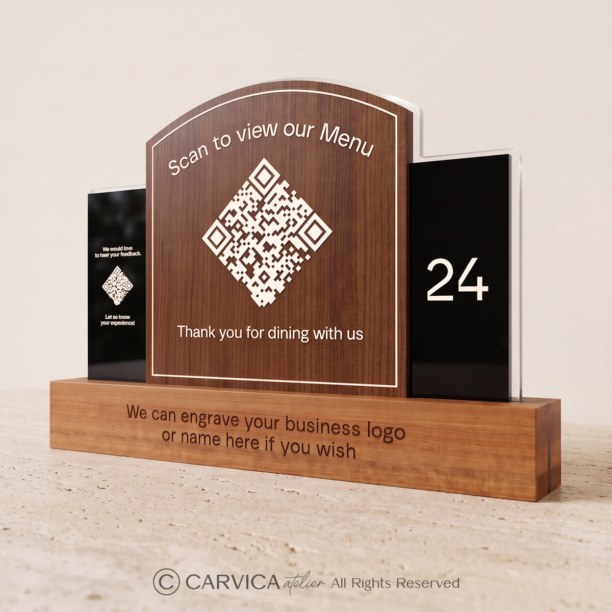 Engraved Wood QR Menu Stand with Table Number