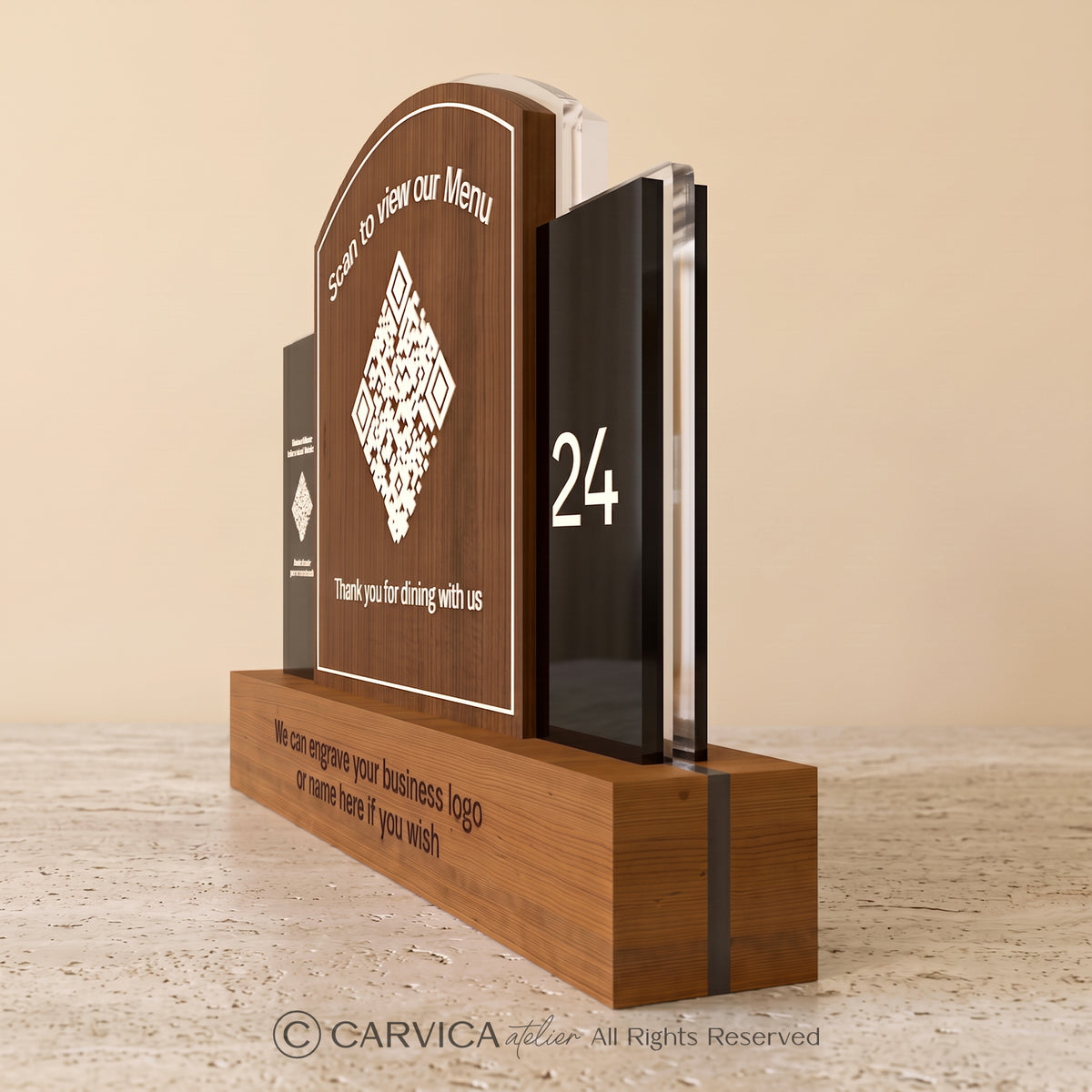 Engraved Wood QR Menu Stand with Table Number