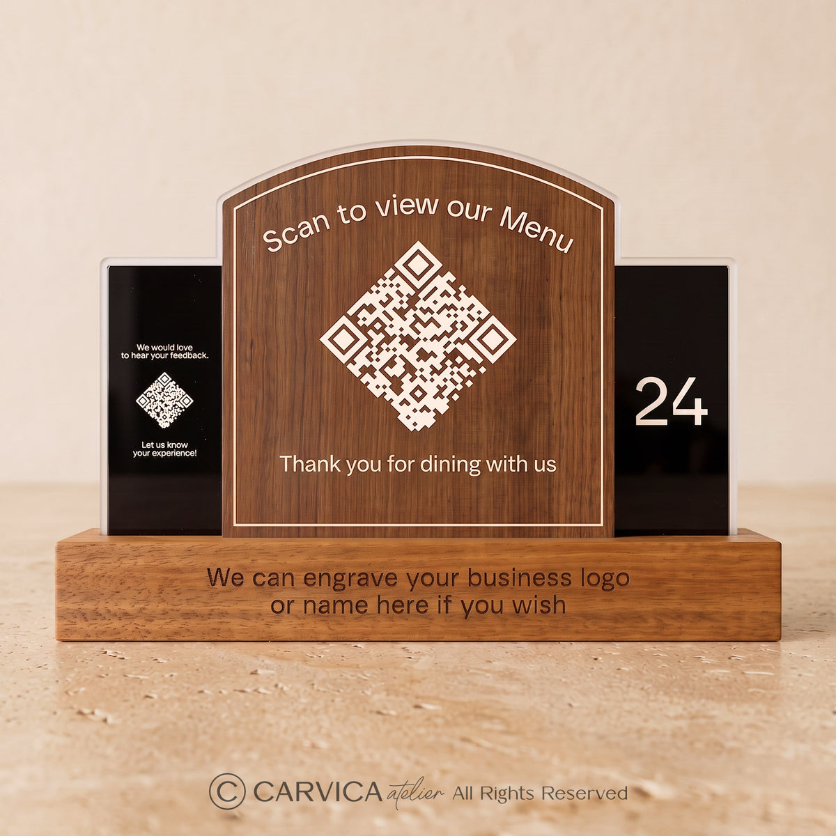 Engraved Wood QR Menu Stand with Table Number