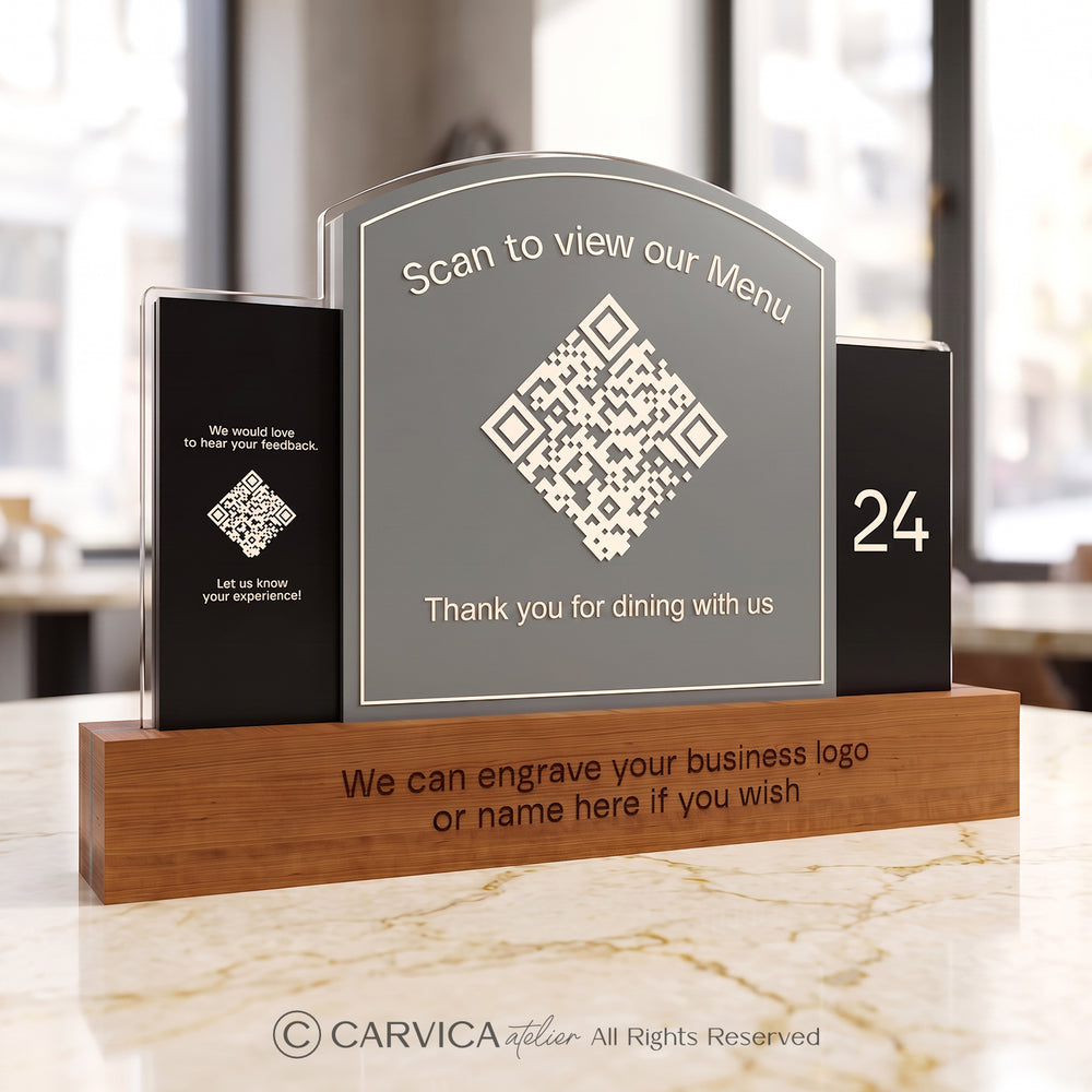 Brushed Silver QR Menu Stand with Table Number