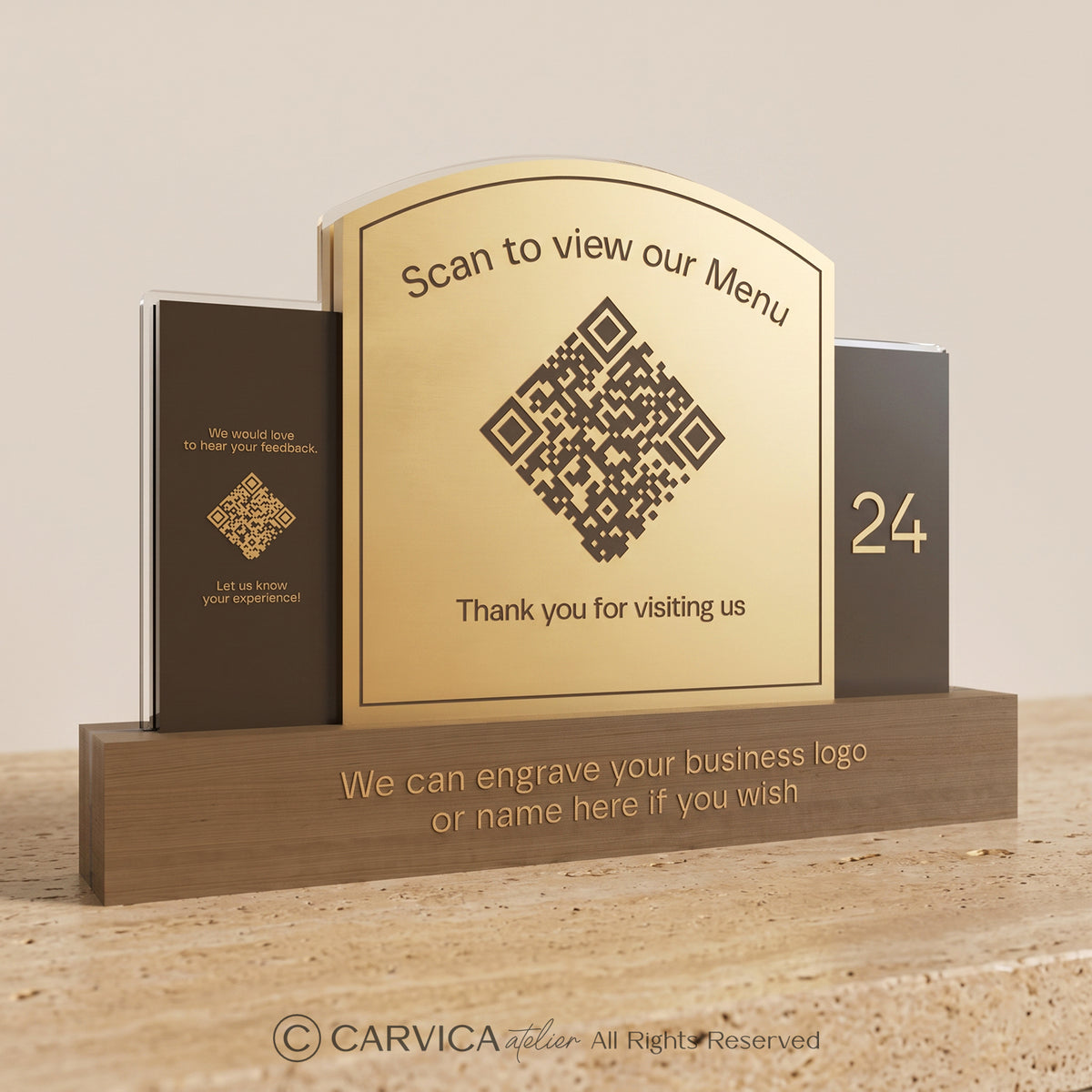 Brushed Gold QR Menu Stand with Table Number