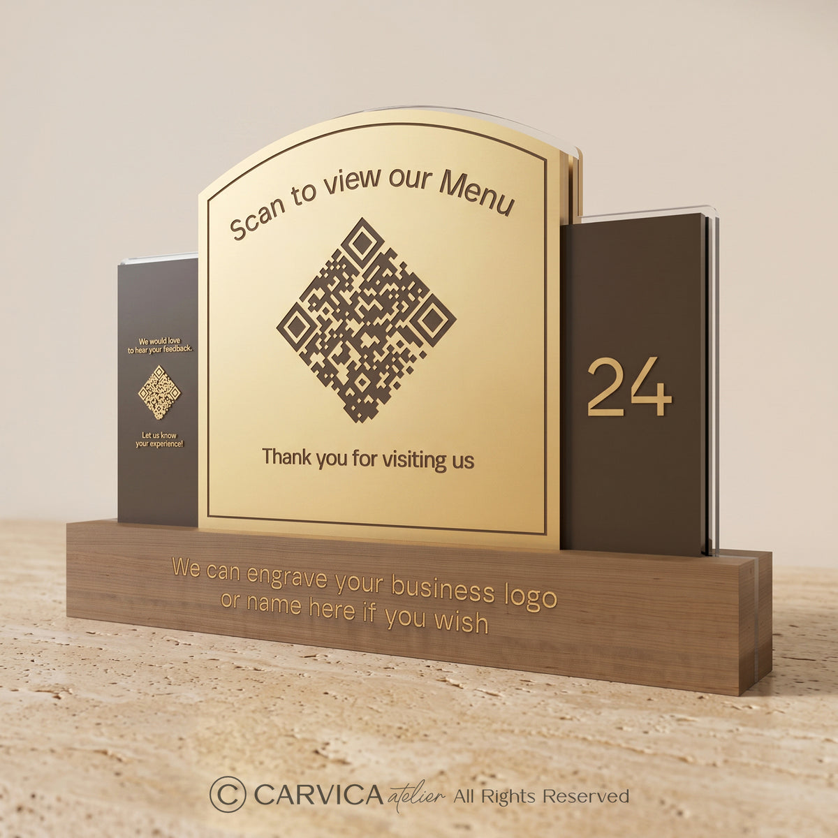 Brushed Gold QR Menu Stand with Table Number