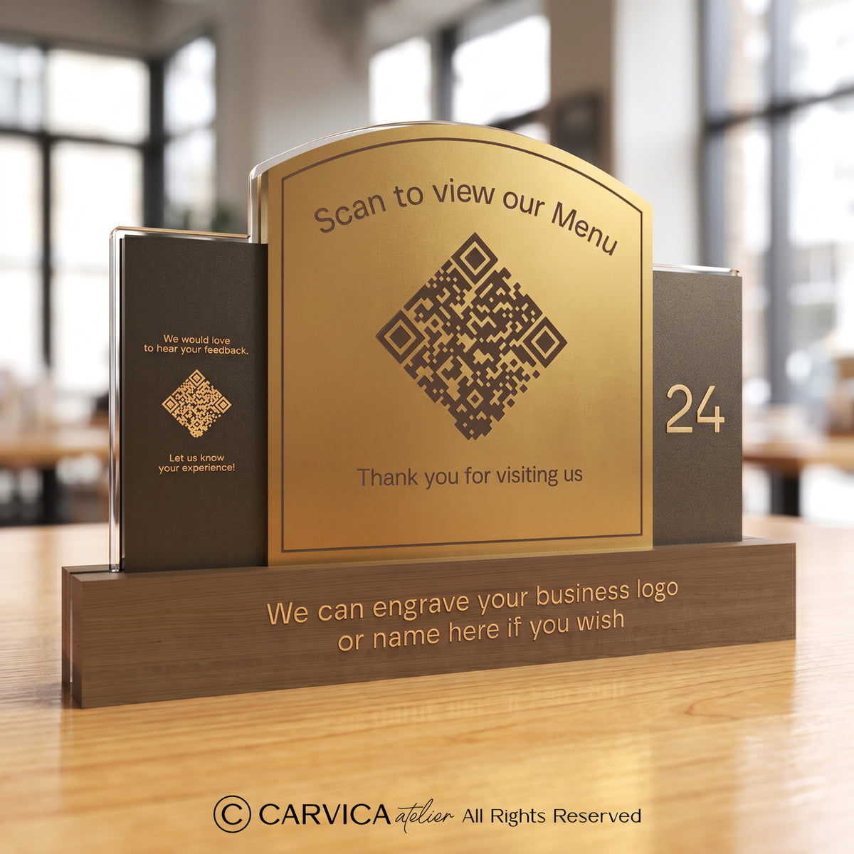 Brushed Gold QR Menu Stand with Table Number