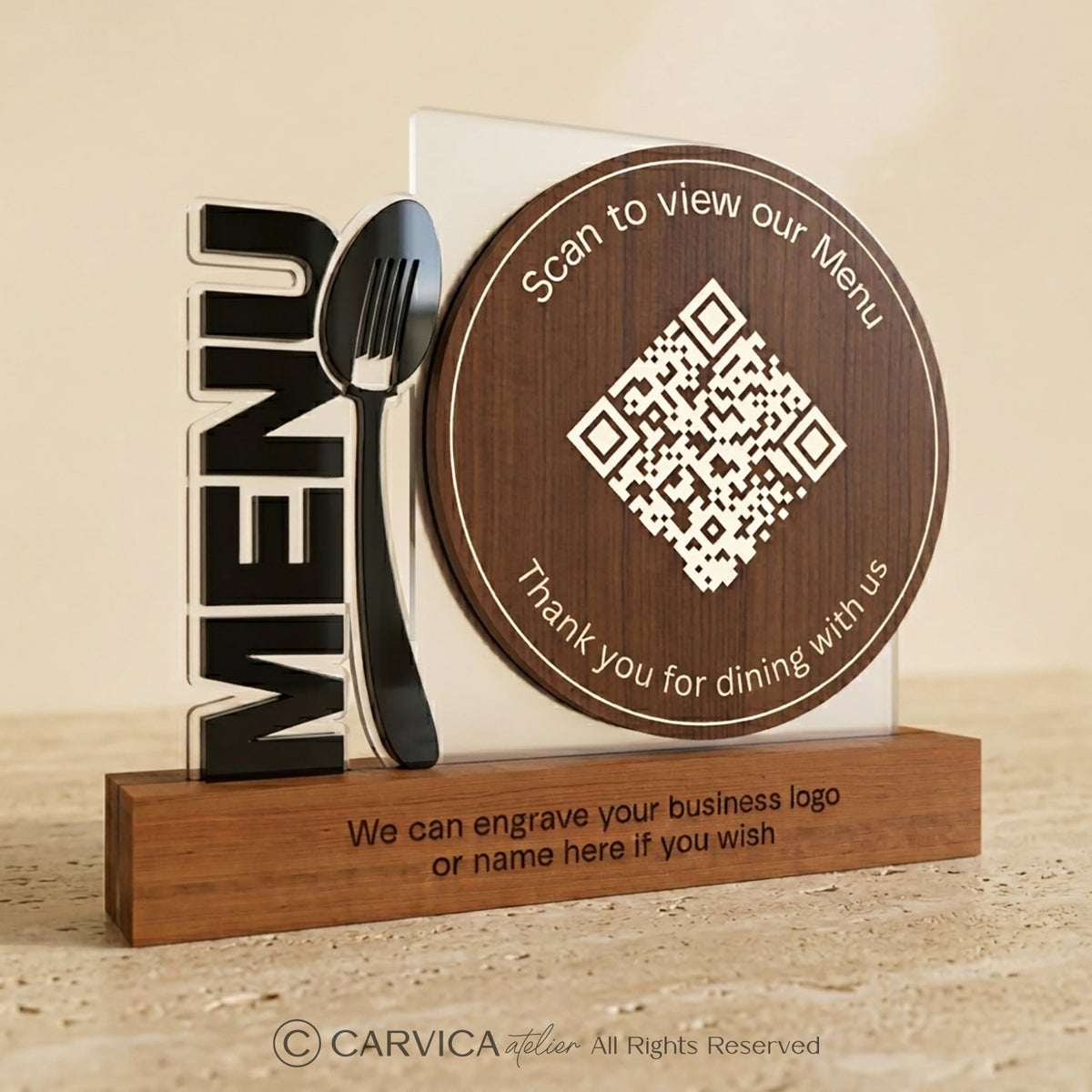 Round Wood QR Menu Stand with Cutlery Motif