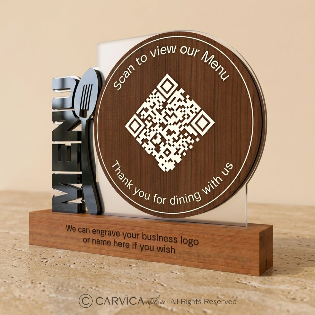 Round Wood QR Menu Stand with Cutlery Motif