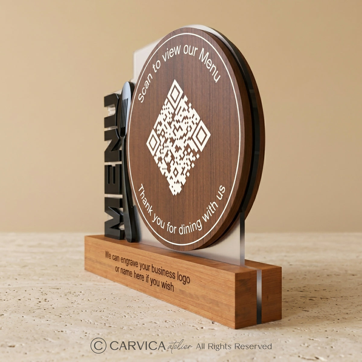 Round Wood QR Menu Stand with Cutlery Motif