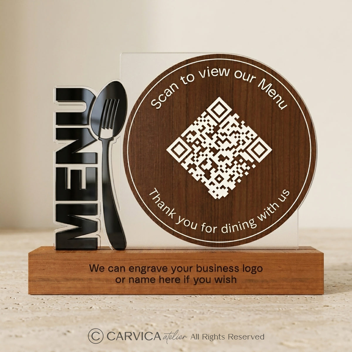Round Wood QR Menu Stand with Cutlery Motif