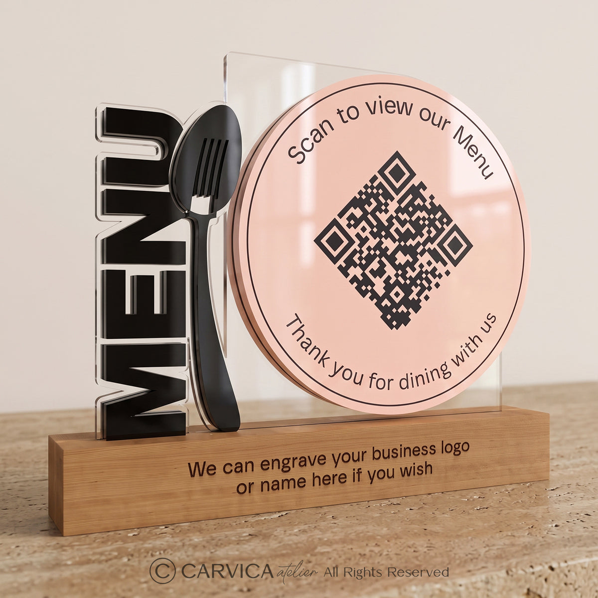 Round Rose Acrylic QR Menu Stand with Cutlery Motif