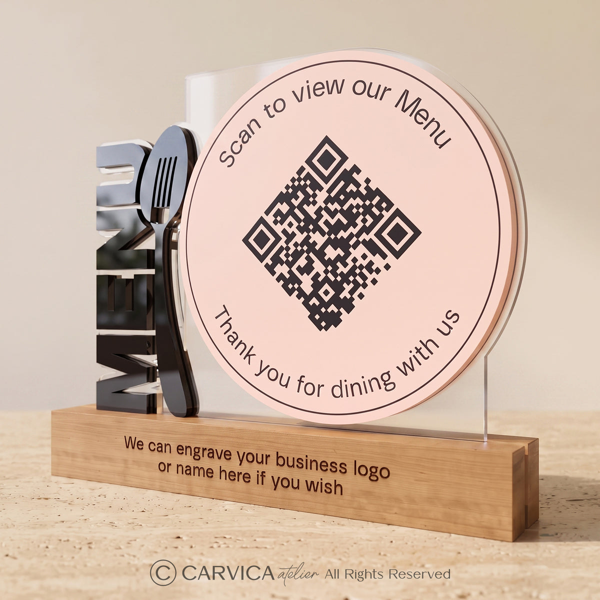 Round Rose Acrylic QR Menu Stand with Cutlery Motif