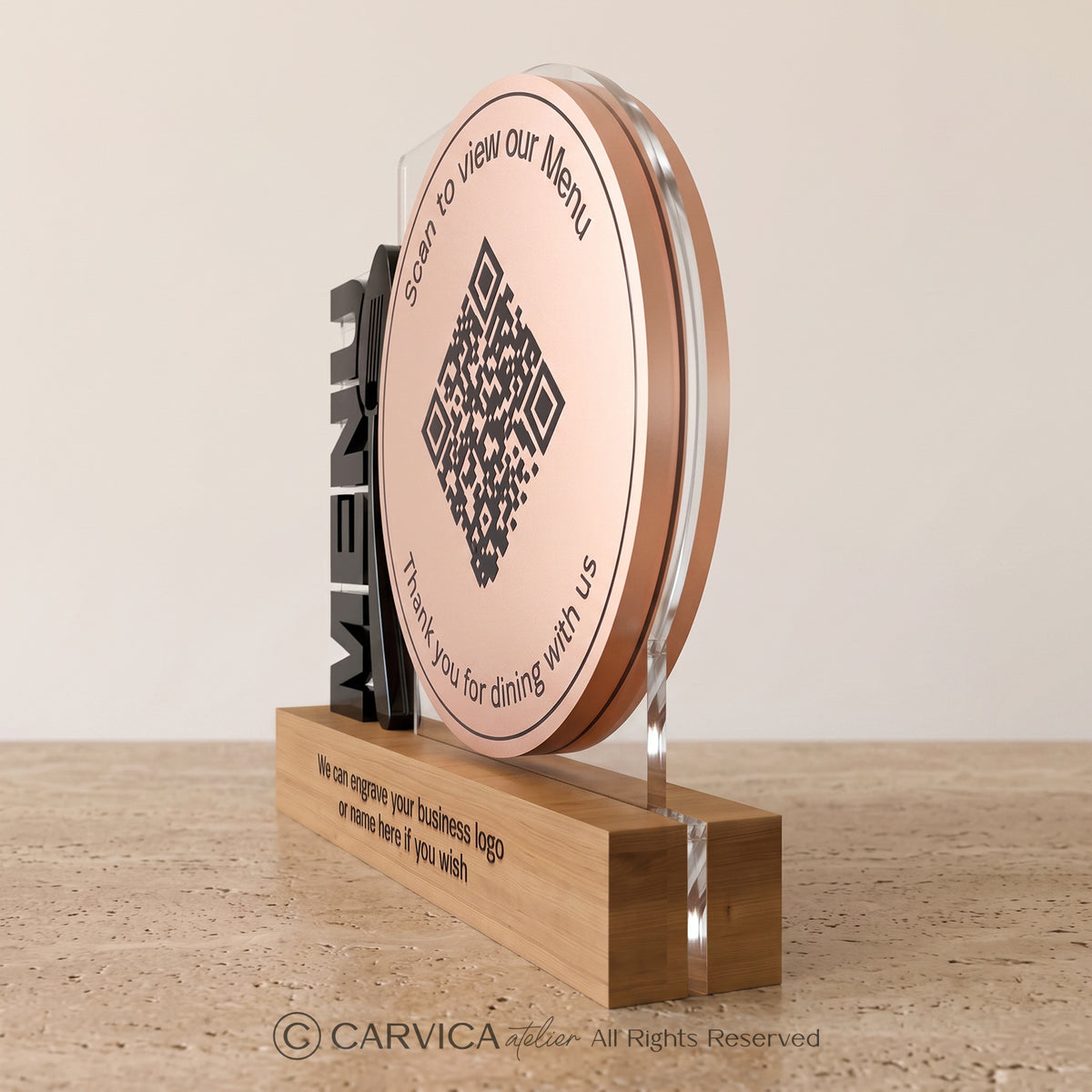 Round Rose Acrylic QR Menu Stand with Cutlery Motif