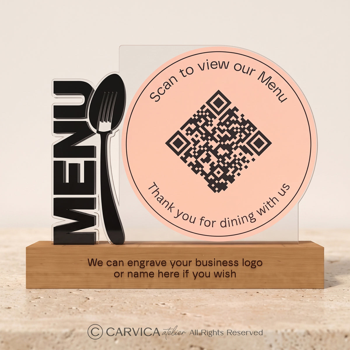 Round Rose Acrylic QR Menu Stand with Cutlery Motif
