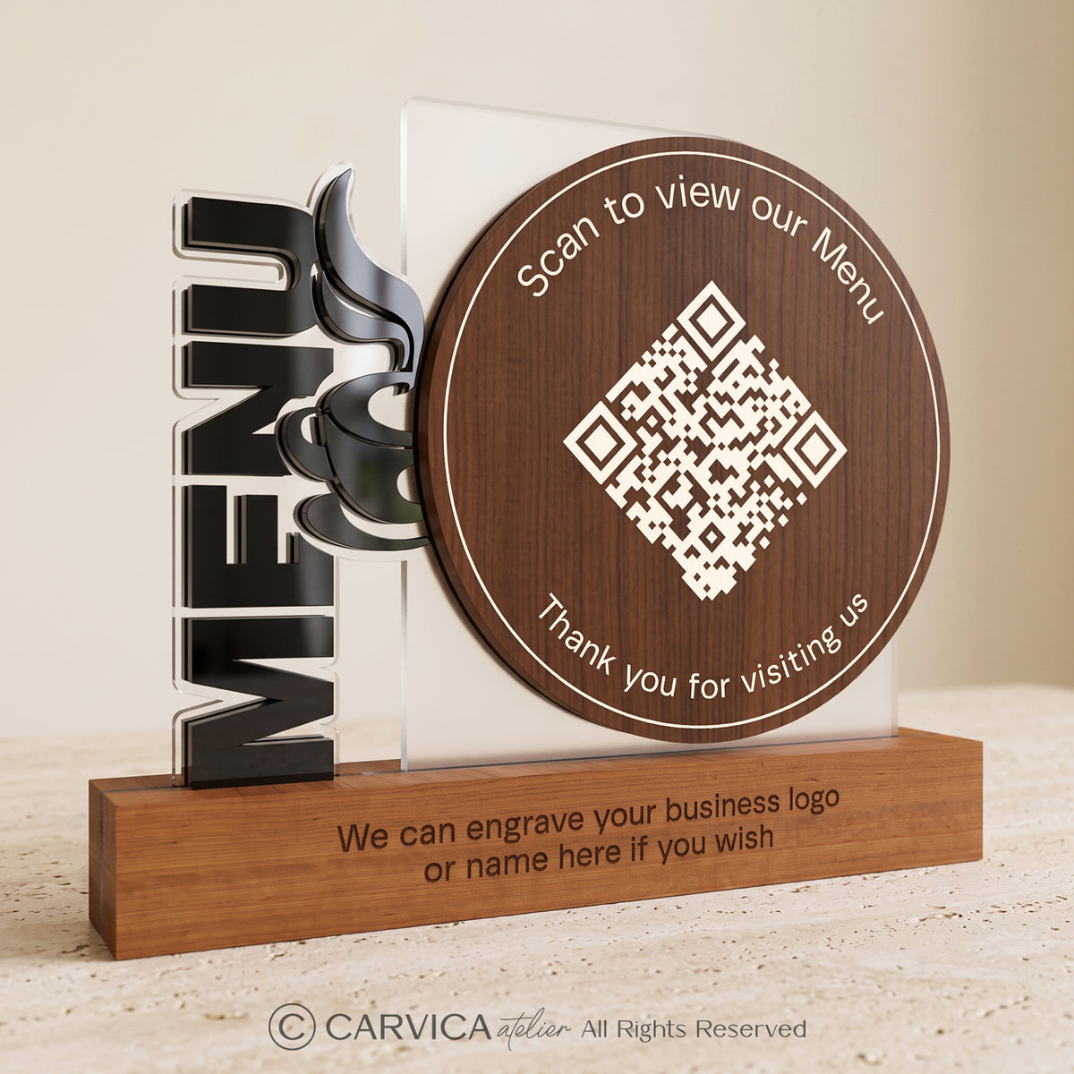 Round Wood & Clear Acrylic QR Menu Stand