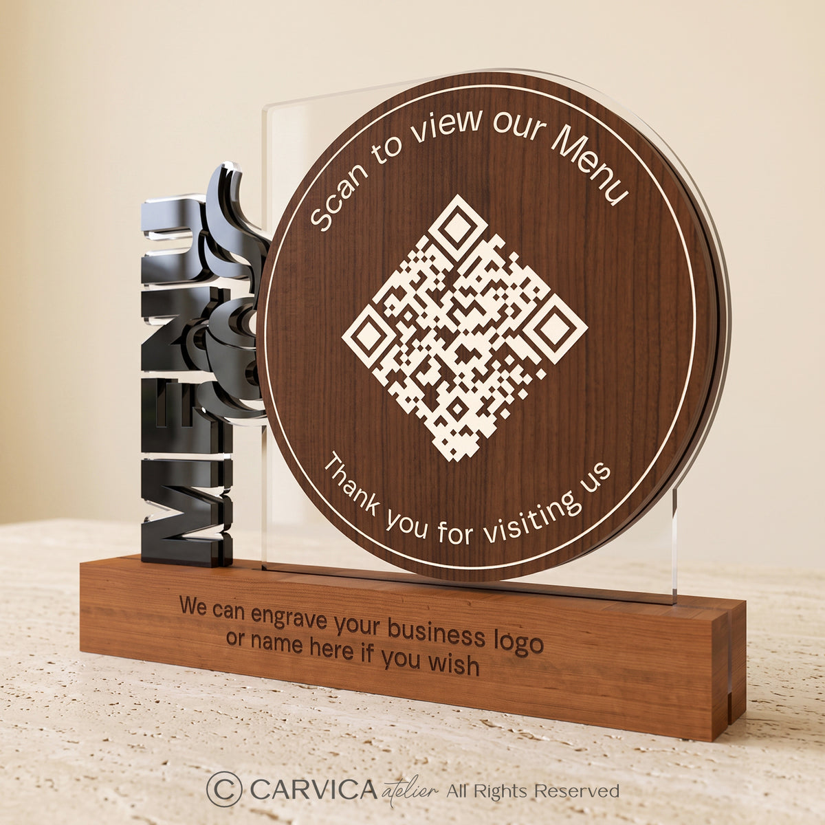 Round Wood & Clear Acrylic QR Menu Stand