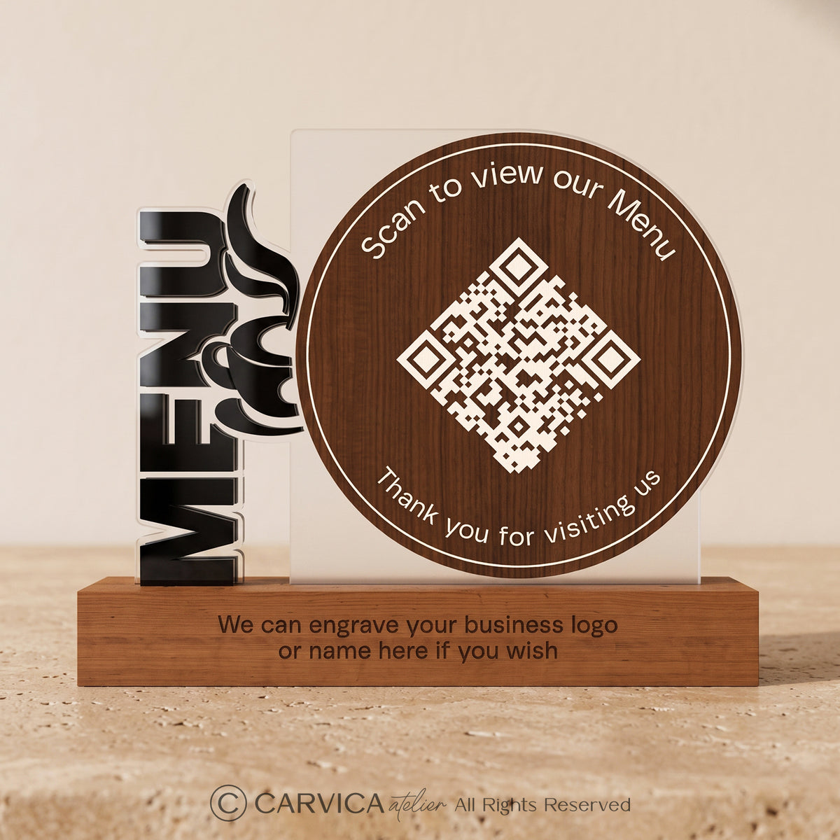 Round Wood & Clear Acrylic QR Menu Stand