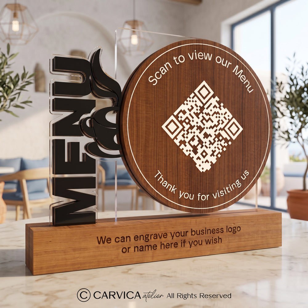 Round Wood & Clear Acrylic QR Menu Stand