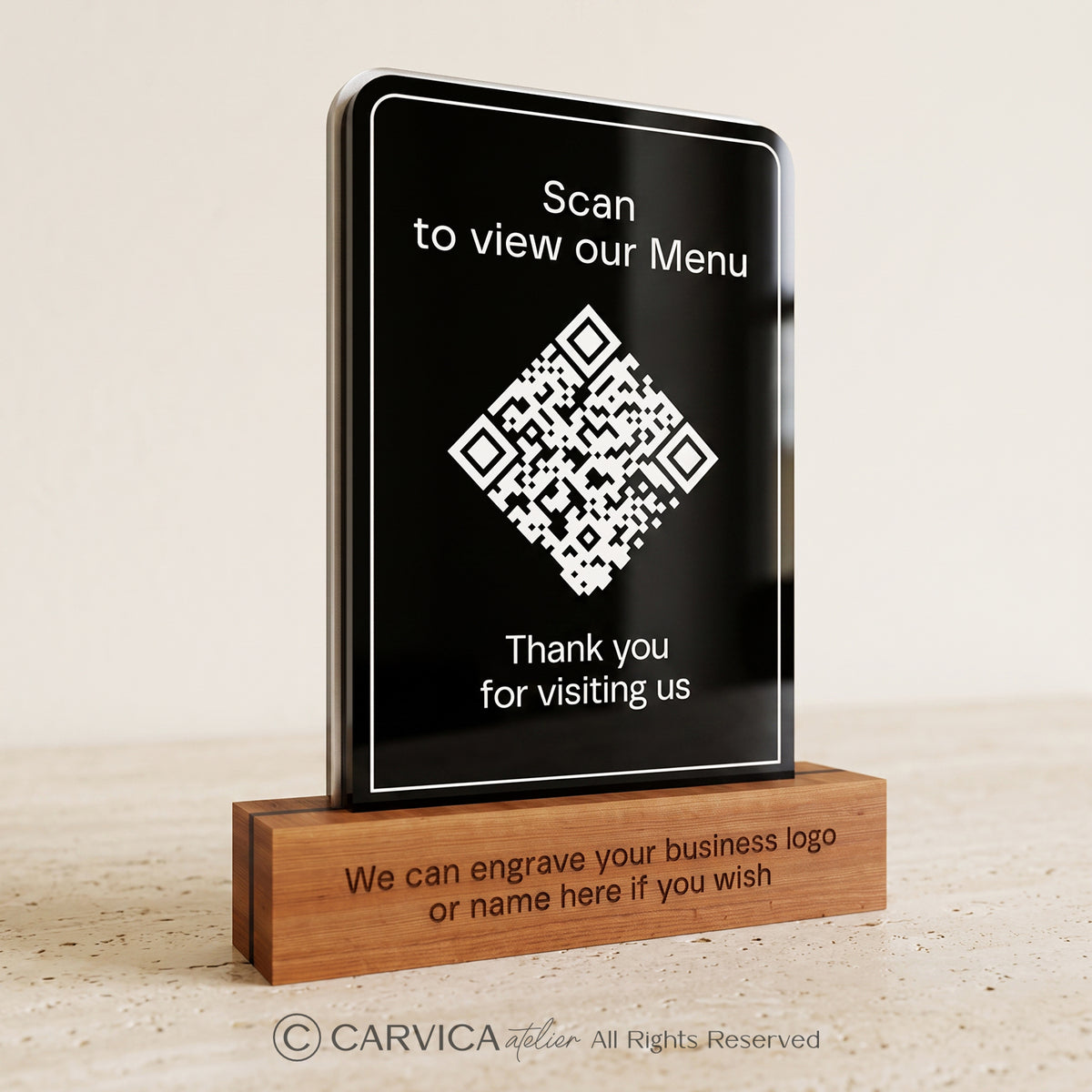 Black Acrylic QR Menu Stand with Engraved Wood Base