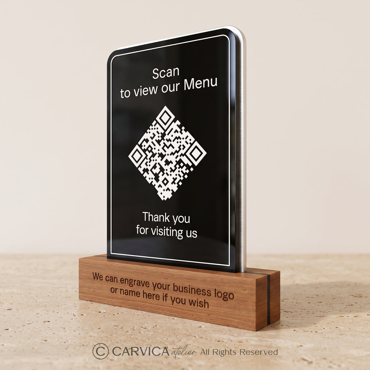 Black Acrylic QR Menu Stand with Engraved Wood Base