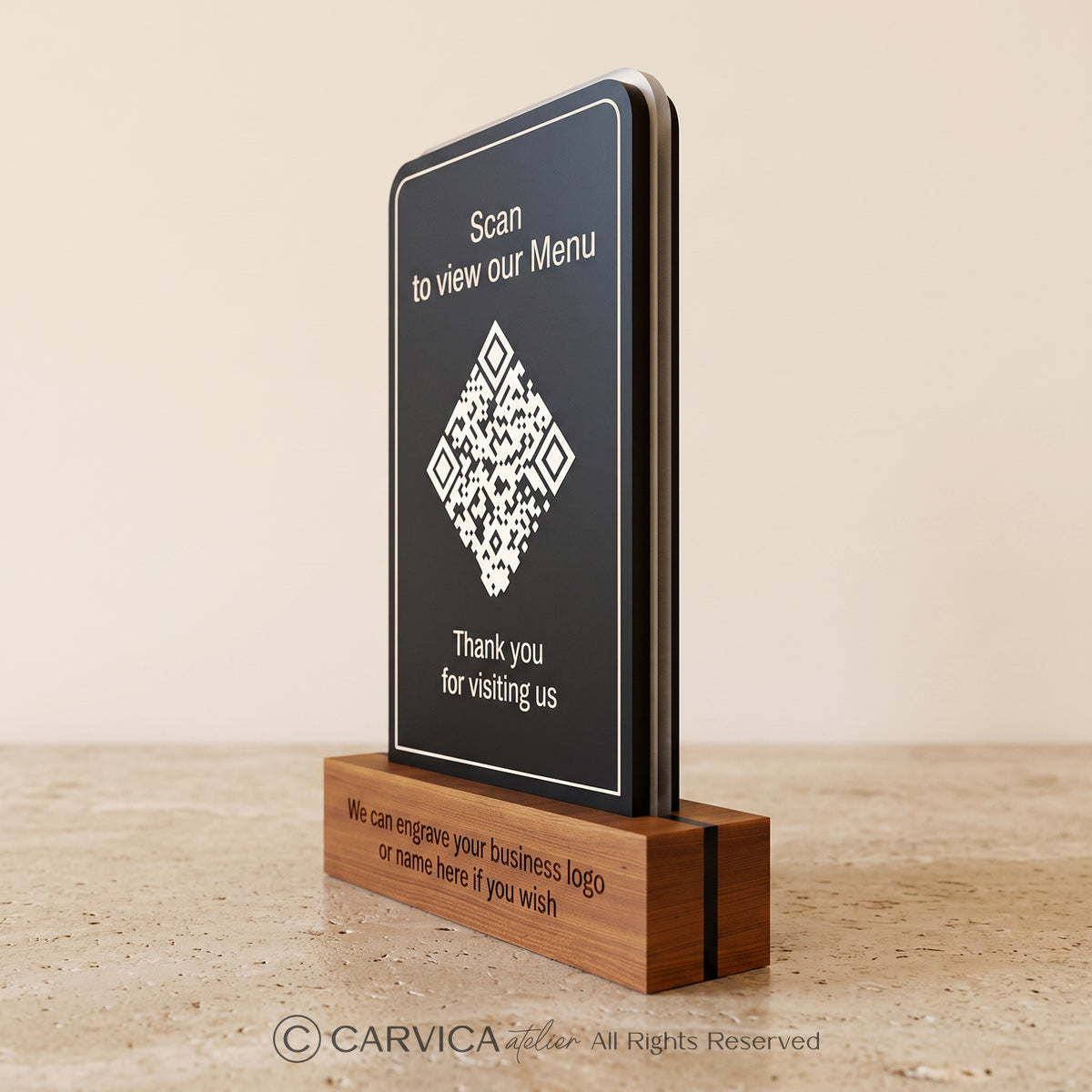 Black Acrylic QR Menu Stand with Engraved Wood Base