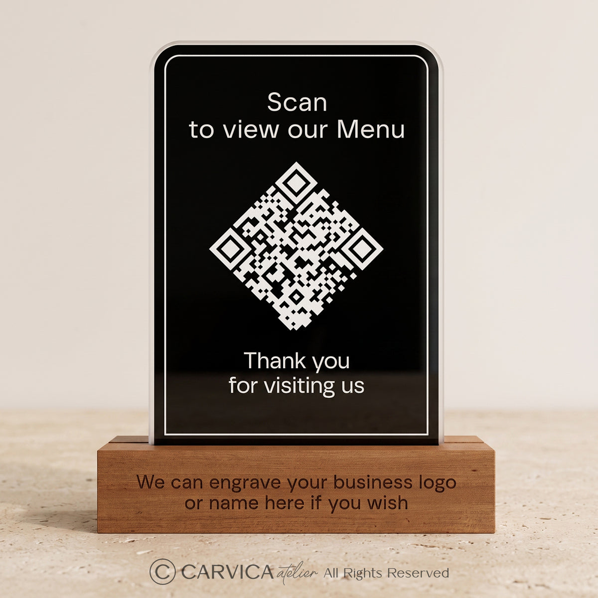 Black Acrylic QR Menu Stand with Engraved Wood Base